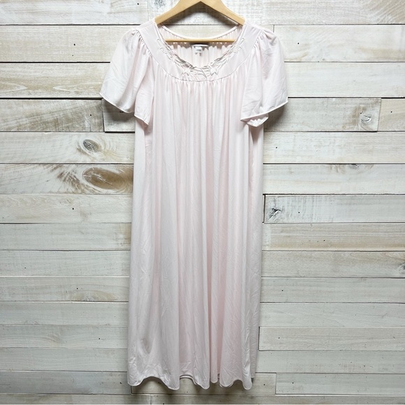 Miss Elaine Nylon Tricot Nightgown Womens Large Pink Flutter Sleeves Embroidered - Picture 2 of 11